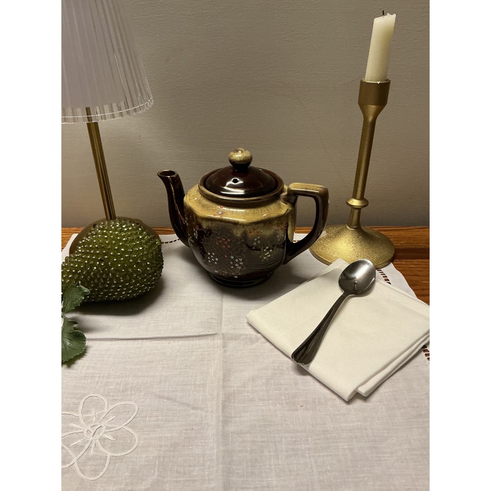 Vintage Japanese Ceramic Teapot Brown Drip Glaze Hand Painted Floral Hexagonal